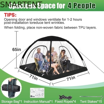 71*71*65'Inch 4 personas TPU transparente marco de fibra de vidrio rápida configuración impermeable protección UV tienda de deportes pop up proveedor