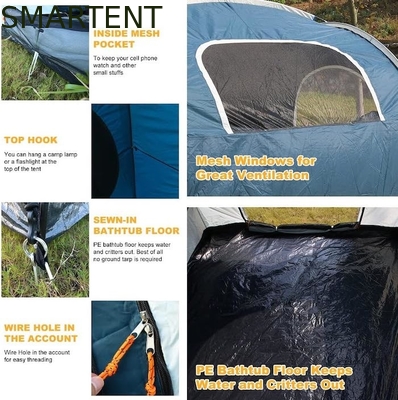 2.44*2.44*2.19M 6 personas azul impermeable poliéster recubierto carpa de acampada con 2 ventanas 4 Temporada de instalación rápida proveedor