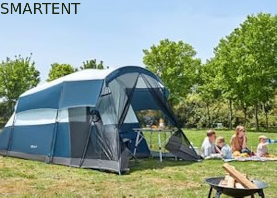 6.1*2.44*1.93M Exterior de doble color azul gris impermeable recubierto de poliéster tienda de campamento familiar grande adecuado para 6-8 personas proveedor