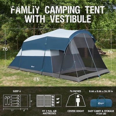 6.1*2.44*1.93M Exterior de doble color azul gris impermeable recubierto de poliéster tienda de campamento familiar grande adecuado para 6-8 personas proveedor