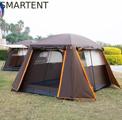6 Personas Espacioso Color marrón impermeable Revestido de poliéster al aire libre Gran familia Camping Casas de tienda de campaña con postes de fibra de vidrio proveedor