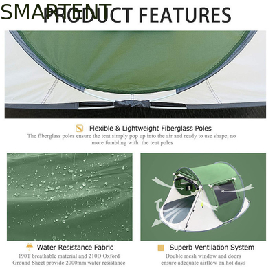2 personas 245*148*100CM Poliéster verde impermeable para acampar al aire libre Espacioso pabellón de barco con ventilación de malla proveedor