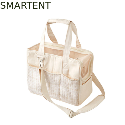 Bolso de viaje de lona beige para gatitos de 38*18*30CM, adorables accesorios para mascotas, bandolera con colección de tela suave proveedor