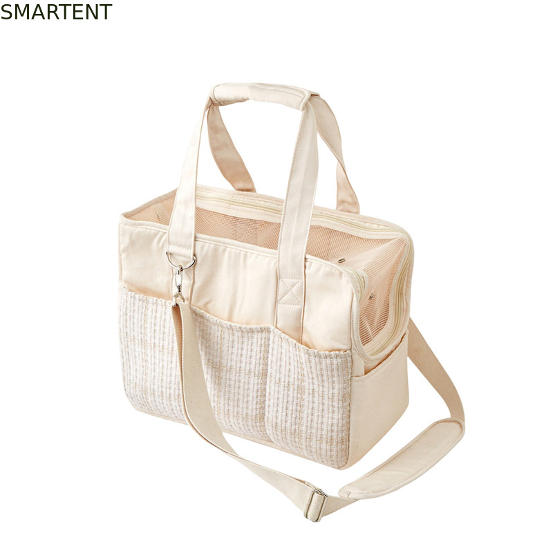 Bolso de viaje de lona beige para gatitos de 38*18*30CM, adorables accesorios para mascotas, bandolera con colección de tela suave proveedor